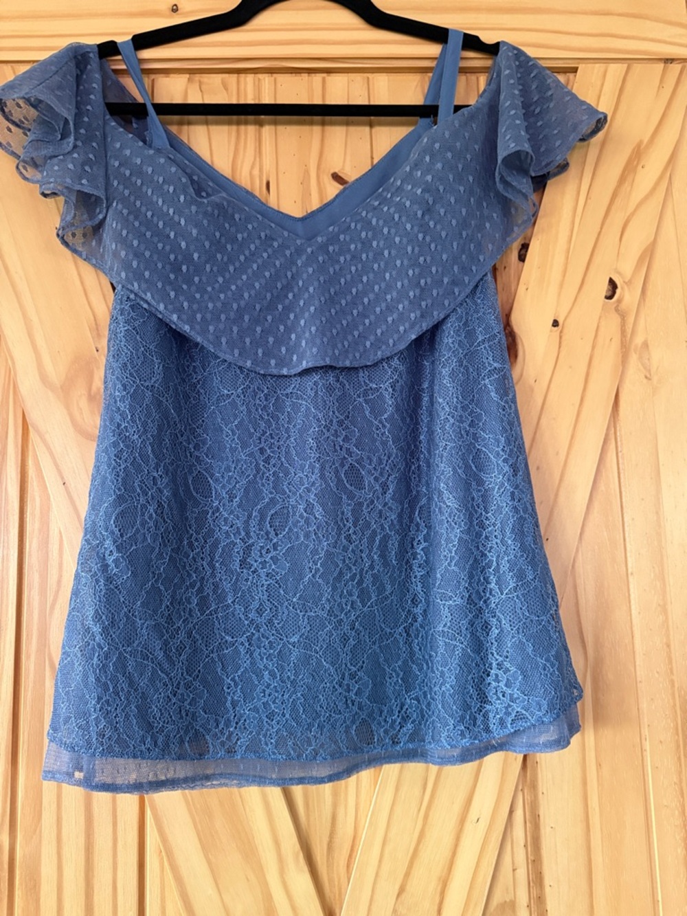 White House Black Market Blue Lace Ruffle Off-Shoulder Camisole